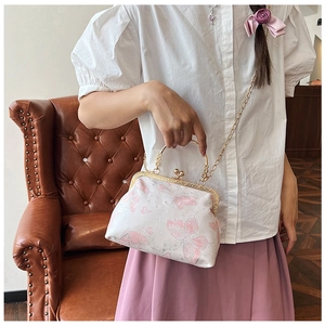 Dettaglio della borsa a catena bianca vintage con elegante ricamo a farfalla rosa