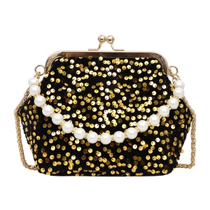 Elegant gold sequin evening clutch bag with pearl handle and metal chain strap