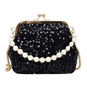 Mini black sequined evening shell bag with pearl handle and golden chain strap