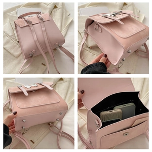 Detailed views of pink matte leather backpack featuring silver hardware and internal pockets