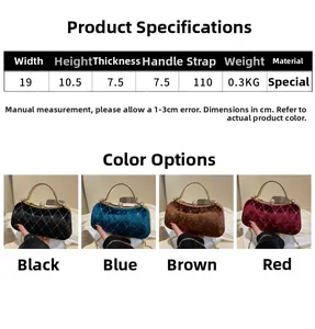 Size guide for velvet crossbody bag with dimensions, weight and rhinestone details
