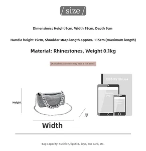 Size chart showing 18x9x9cm rhinestone crossbody bag with handle and chain strap details