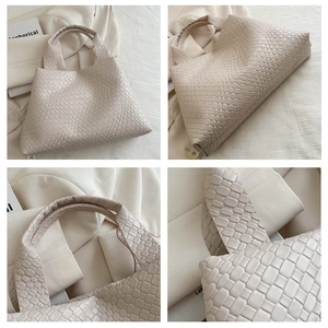 Detailed views of beige woven tote bag showing leather texture and soft structure