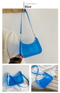 Detailed view of blue transparent PVC hobo bag with white stitching and silver hardware