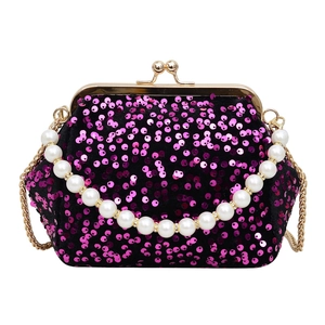 Sparkly purple sequin evening clutch with gold metal frame and pearl handle for women