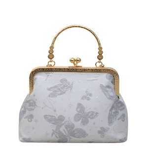 Borsa vintage con ricamo di farfalla argentata e manico in metallo dorato