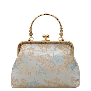 Vintage Chinese landscape brocade satchel with antique gold frame and ball clasp