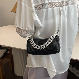 Sparkling black rhinestone baguette handbag with silver chunky chain for party wear
