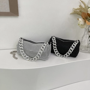 Sparkling rhinestone evening handbags with silver chain strap in black and white colors