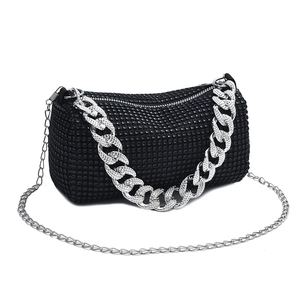 Sparkling black rhinestone evening bag with chunky silver chain handle and chain strap