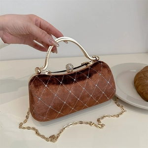 Brown velvet luxury handbag with rhinestone lattice and golden ball clasp