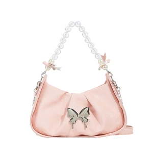 Pink pleated shoulder bag with silver butterfly charm and pearl chain handle