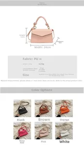 Detailed size chart and multi-color options for the stylish PU leather envelope crossbody bag