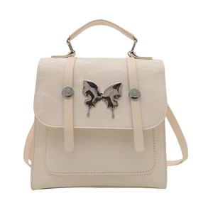 Creamy white PU leather backpack for women with silver butterfly clasp and top handle