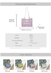 Detailed size chart and multi-color paisley print tote bag options with dimensions