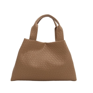 Chic brown woven rhombic pattern tote bag with wide handles for casual women's daily use