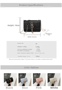 Detailed size specifications and color options for the stylish PU leather square chain bag