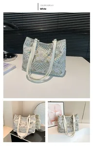 Detail of white tote bag with wave jacquard pattern and decorative pearl beads