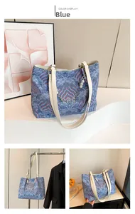 Close-up of blue water wave embroidery on tote bag with decorative pearl chain strap