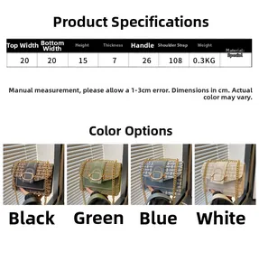 Detailed size chart and multi-color view of tweed chain crossbody bag for women