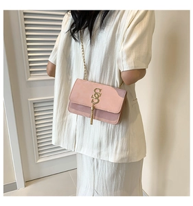 Close-up of pink crossbody bag with gold S-buckle, fringe tassel and chain strap