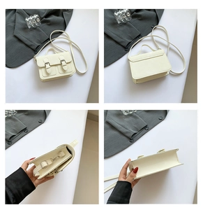 Detailed views of the cream satchel bag showing front, back, side and bottom design