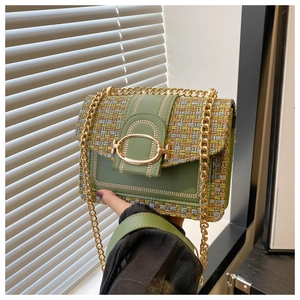 Close-up of green tweed crossbody bag with gold chain strap and textured oval buckle
