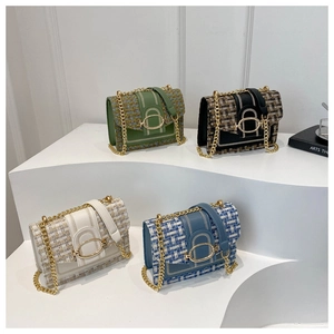 Quilted tweed crossbody bags with gold chain straps in green, black, white and blue