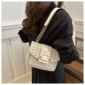 Chic tweed crossbody bag with gold chain strap and metallic clasp shown on model