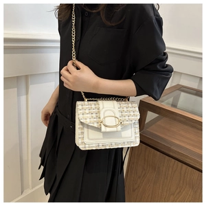 Detail of a chic woven tweed chain bag featuring a gold buckle on cream white leather