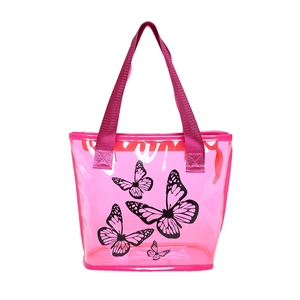 Pink transparent PVC tote bag with black butterfly print and durable woven handles