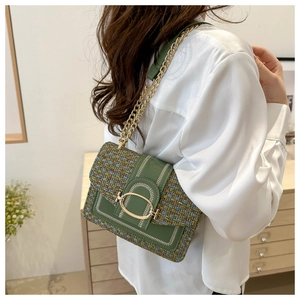Green plaid tweed patchwork crossbody bag with gold chain strap and metal clasp