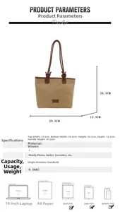 Detailed size chart for large woven tote bag with handle dimensions and capacity guide