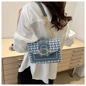Detail of blue and white woven chain bag showing the gold oval buckle and texture