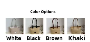 Detailed color options including white, black, brown, and khaki for the woven beach tote bag