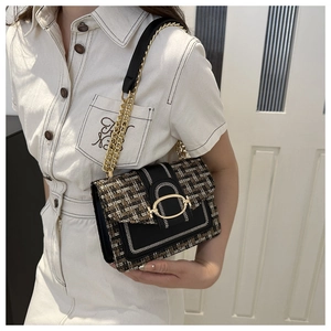 Chic tweed chain bag with gold buckle shown on a model for a vintage autumn style