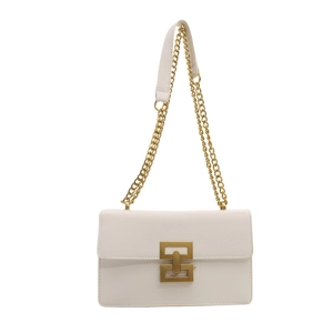 Minimalist white leather shoulder bag with golden geometric lock and chain strap