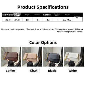 Detailed size guide and four color variations of the PU leather vintage shoulder bag