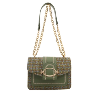 Elegant dark green tweed and leather flap bag with gold chain strap and metal buckle