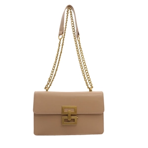 Elegant beige leather crossbody bag with gold geometric clasp and chain strap