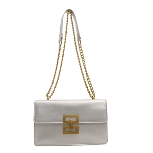 Silver chain flap shoulder bag with gold geometric clasp and metallic leather finish
