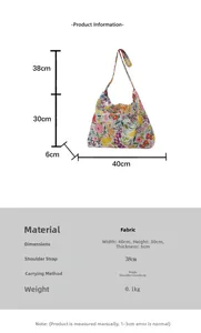 Floral canvas bag detail with dimensions 40x30x6cm and a 38cm handle height