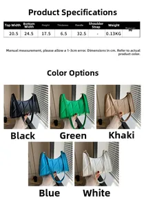 Size chart for quilted PU leather shoulder bag showing dimensions and five color options