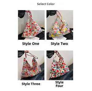Four floral canvas tote bag styles featuring rose patterns in a grid color selection layout