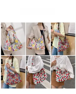 Detailed views of vintage floral cotton shoulder bags showing diverse patterns and fit