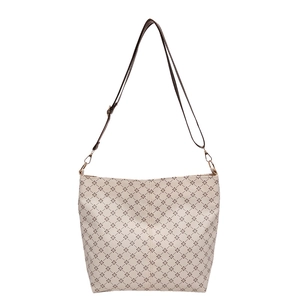 Vintage pattern bucket bag in cream white and brown with adjustable shoulder strap