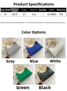 Detailed size chart and specifications for the quilted PU leather chain crossbody handbag