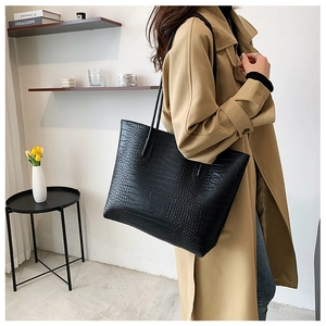 Detail of black crocodile pattern leather tote bag showing large capacity and shoulder straps