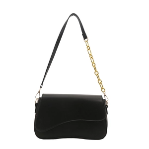 Minimalist black PU leather shoulder bag with asymmetrical flap and gold chain strap