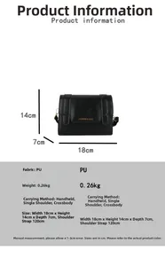 Detail of black PU crossbody bag showing dimensions 18x14x7cm and 120cm shoulder strap